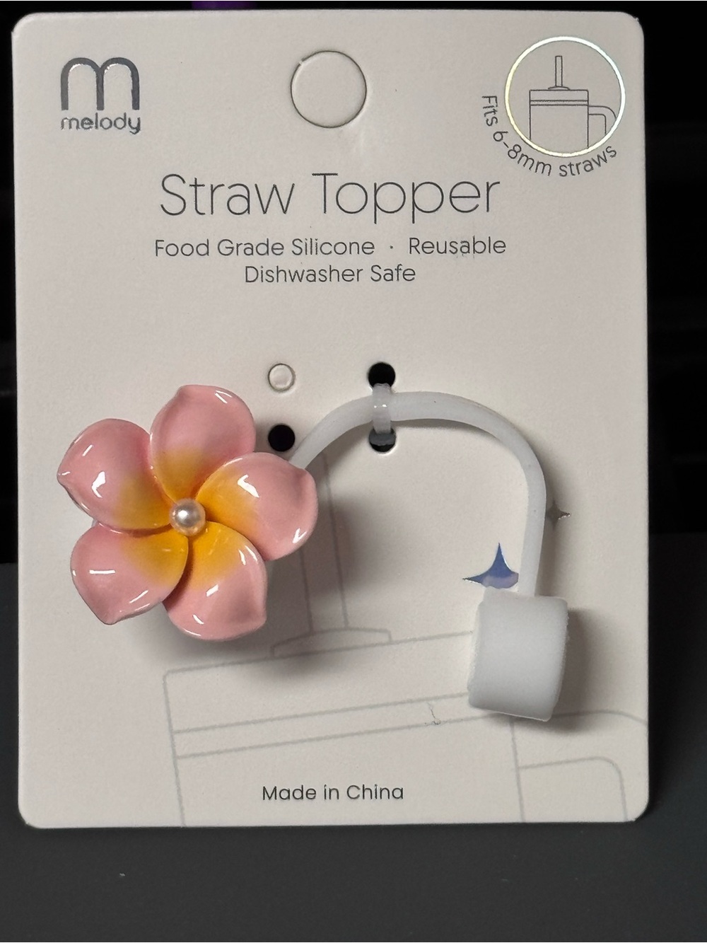 NWT Melody Plumeria Flower Silicone Straw Topper 6-8mm Pink